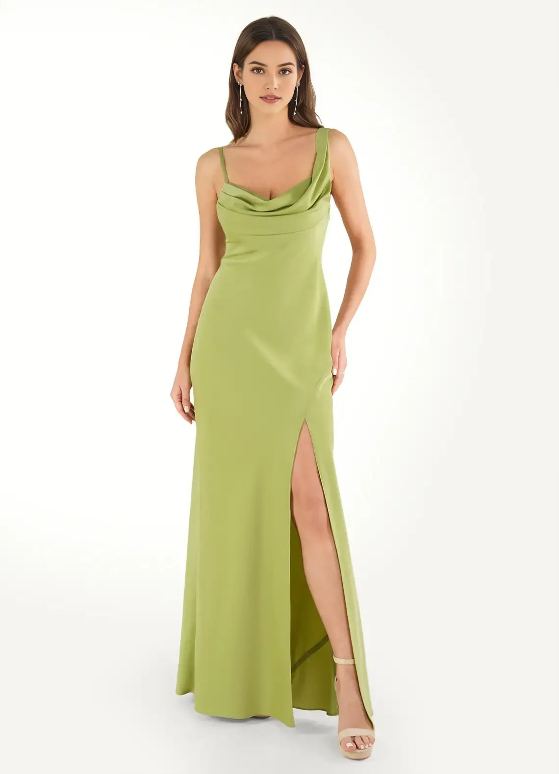 Glamorous Olive Green Prom Dresses Cowl Neckline Spaghetti Straps Satin Fabric and Side Slit for Memorable Evenings