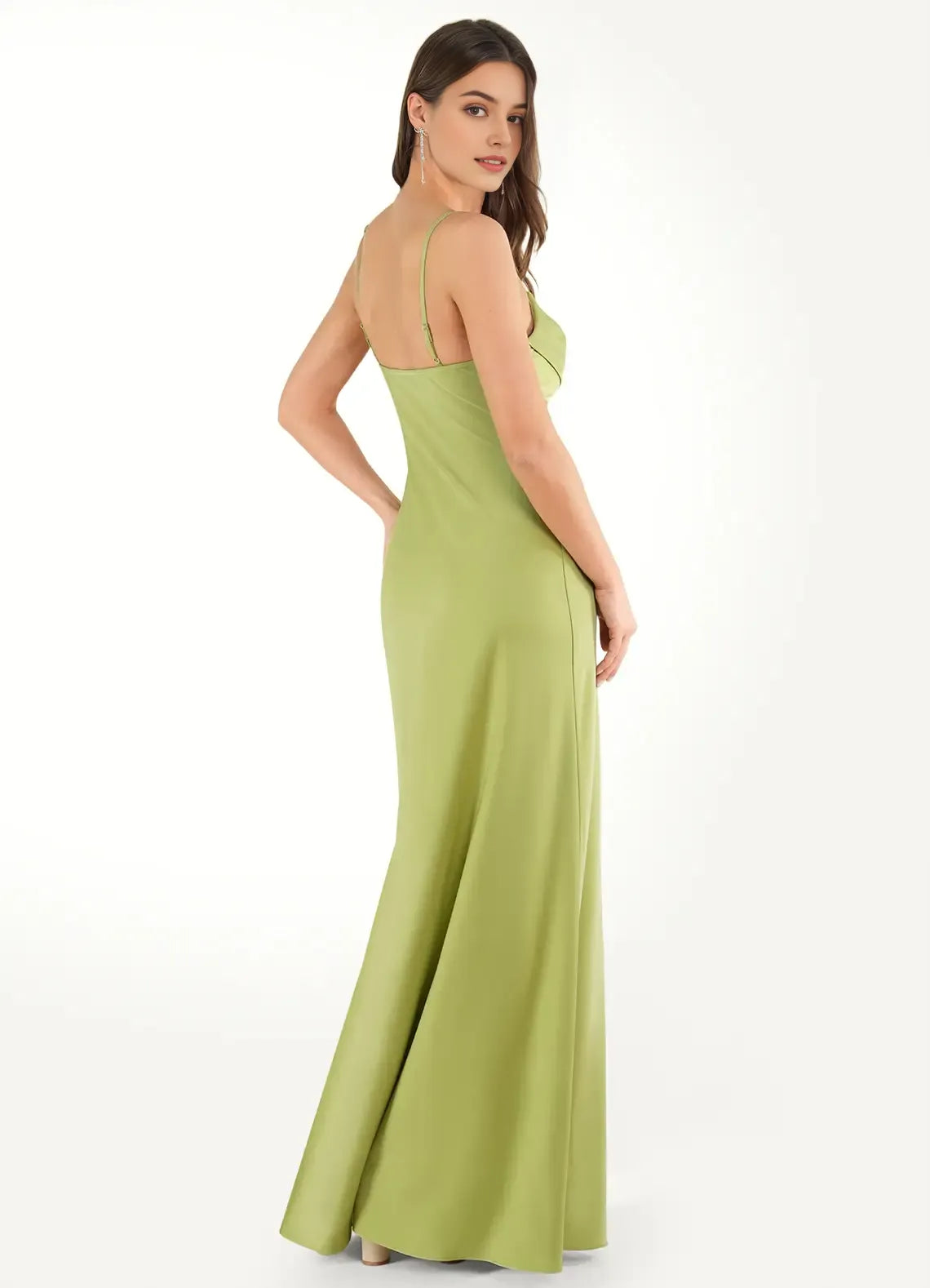 Glamorous Olive Green Prom Dresses Cowl Neckline Spaghetti Straps Satin Fabric and Side Slit for Memorable Evenings