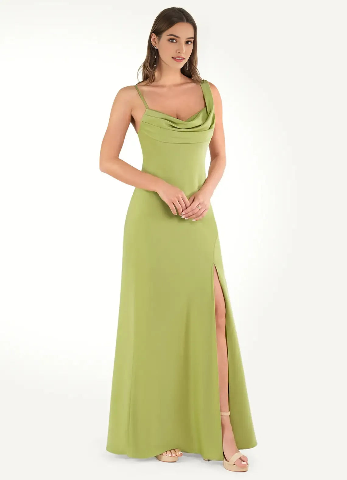 Glamorous Olive Green Prom Dresses Cowl Neckline Spaghetti Straps Satin Fabric and Side Slit for Memorable Evenings
