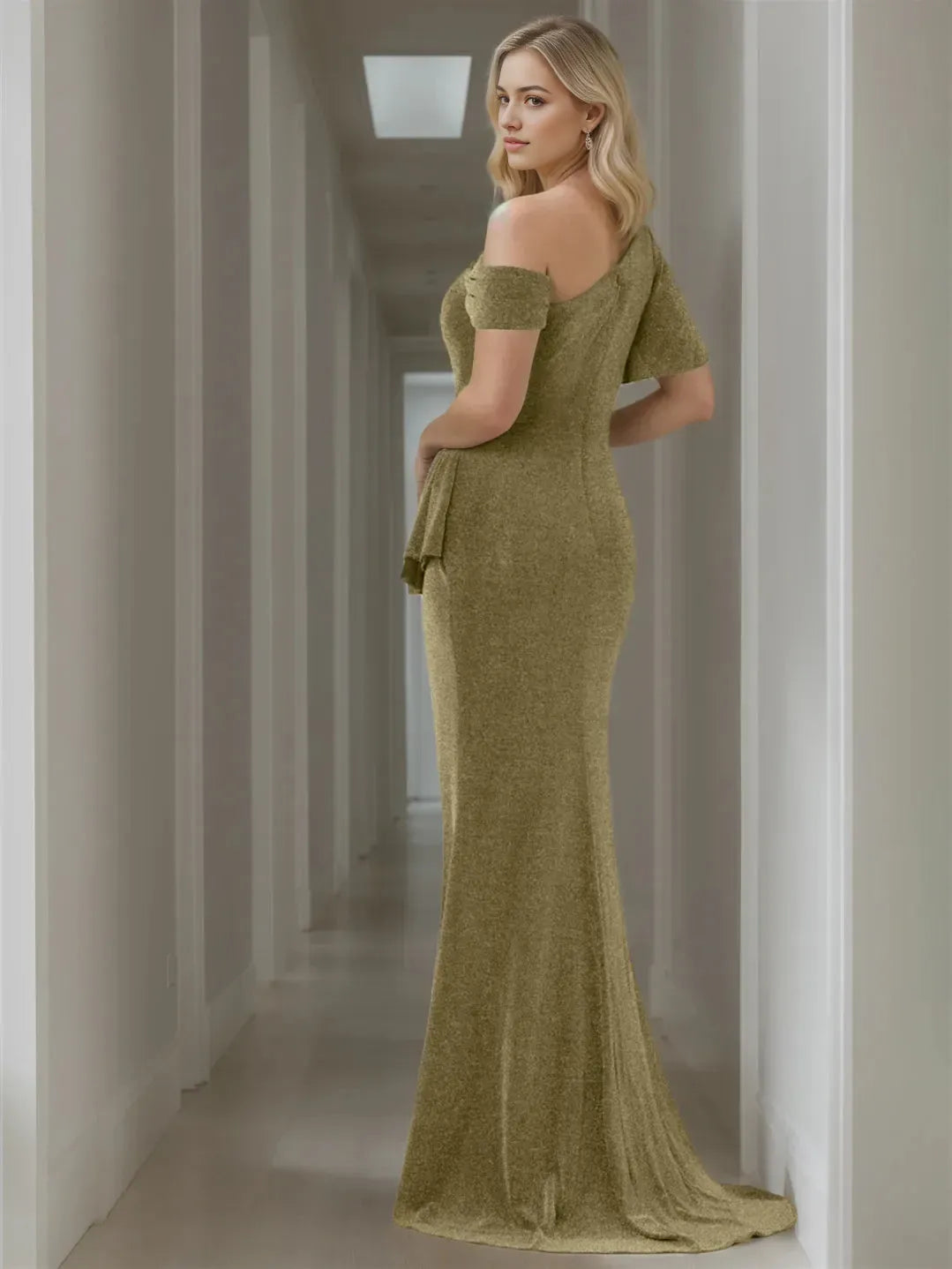 Glamorous One - Shoulder Mother of the Bride Dress Sparkle Fabric Ruffled Detail Side Slit
