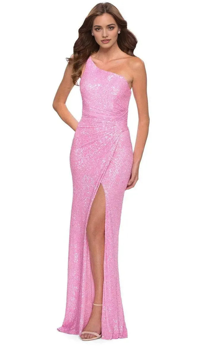 Glamorous One - Shoulder Pink Sequin Prom Dress with Side Slit for Sparkling Evenings