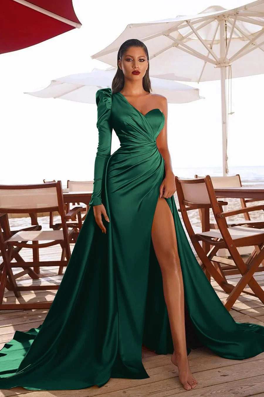 Glamorous One-Shoulder Satin Ruched Color Evening Dress