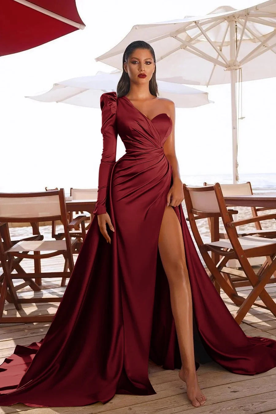 Glamorous One-Shoulder Satin Ruched Color Evening Dress