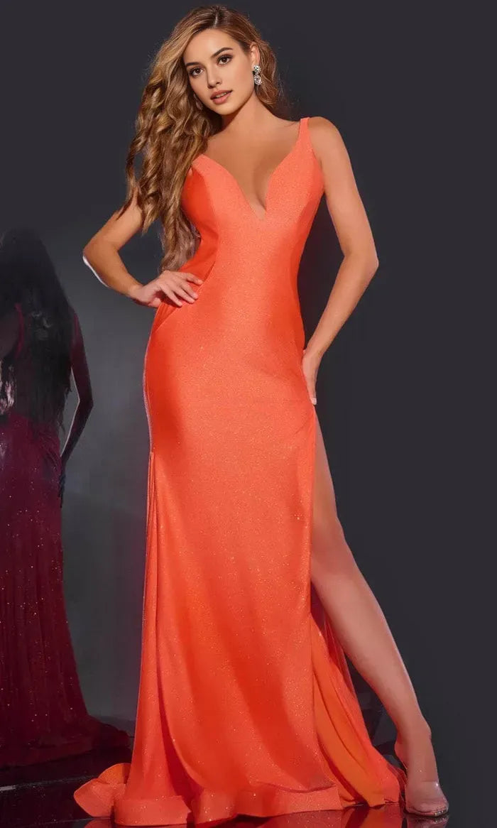 Glamorous Orange Shimmering Satin Prom Dresses with Plunging V Neckline and High Side Slit for Formal Occasions