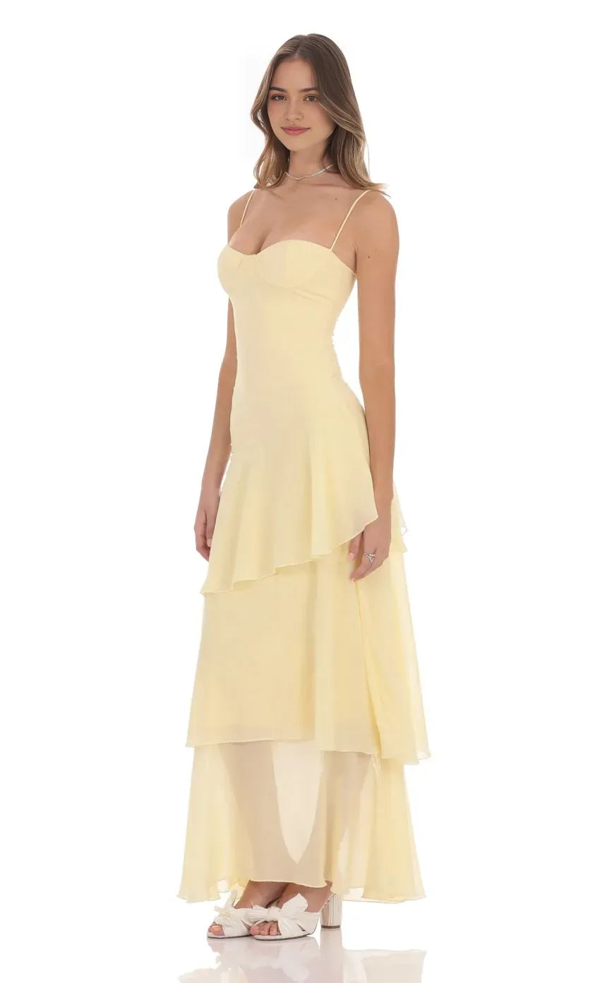 Glamorous Pastel Yellow Prom Gown Spaghetti Straps Sweetheart Neckline Tiered Chiffon Skirt  Ethereal Flow for Unforgettable Nights