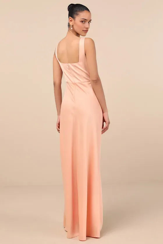Glamorous Peach Satin Prom Dresses featuring Square Neckline Draped Bodice Design and Dramatic High Slit Skirt Perfect for Prom Nights