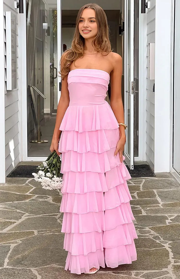 Glamorous Pink Chiffon Prom Dress Strapless Tiered Ruffle Silhouette Side Slit for a Show  Stopping Vibe