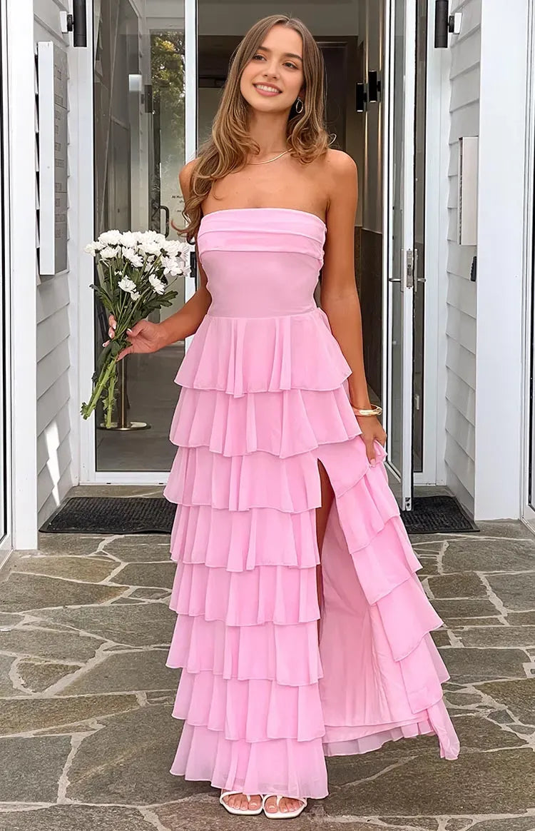 Glamorous Pink Chiffon Prom Dress Strapless Tiered Ruffle Silhouette Side Slit for a Show  Stopping Vibe