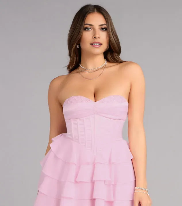 Glamorous Pink Fit-and-Flare Strapless Ruffle Sleeveless Lace-Up Back Short Homecoming Dresses