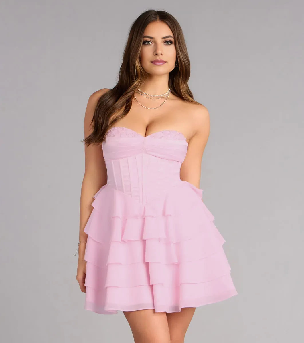 Glamorous Pink Fit-and-Flare Strapless Ruffle Sleeveless Lace-Up Back Short Homecoming Dresses