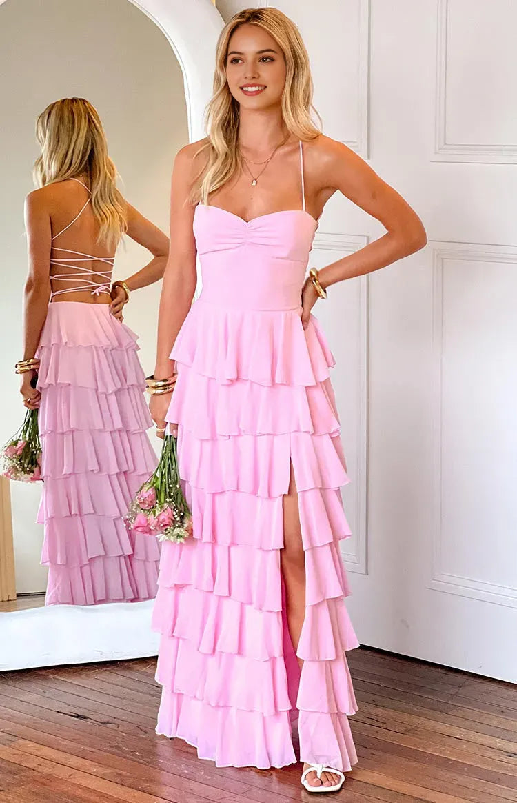 Glamorous Pink Prom Dresses Halter Neck Tiered Ruffles Side Slit Lace Up Back for Memorable Evenings