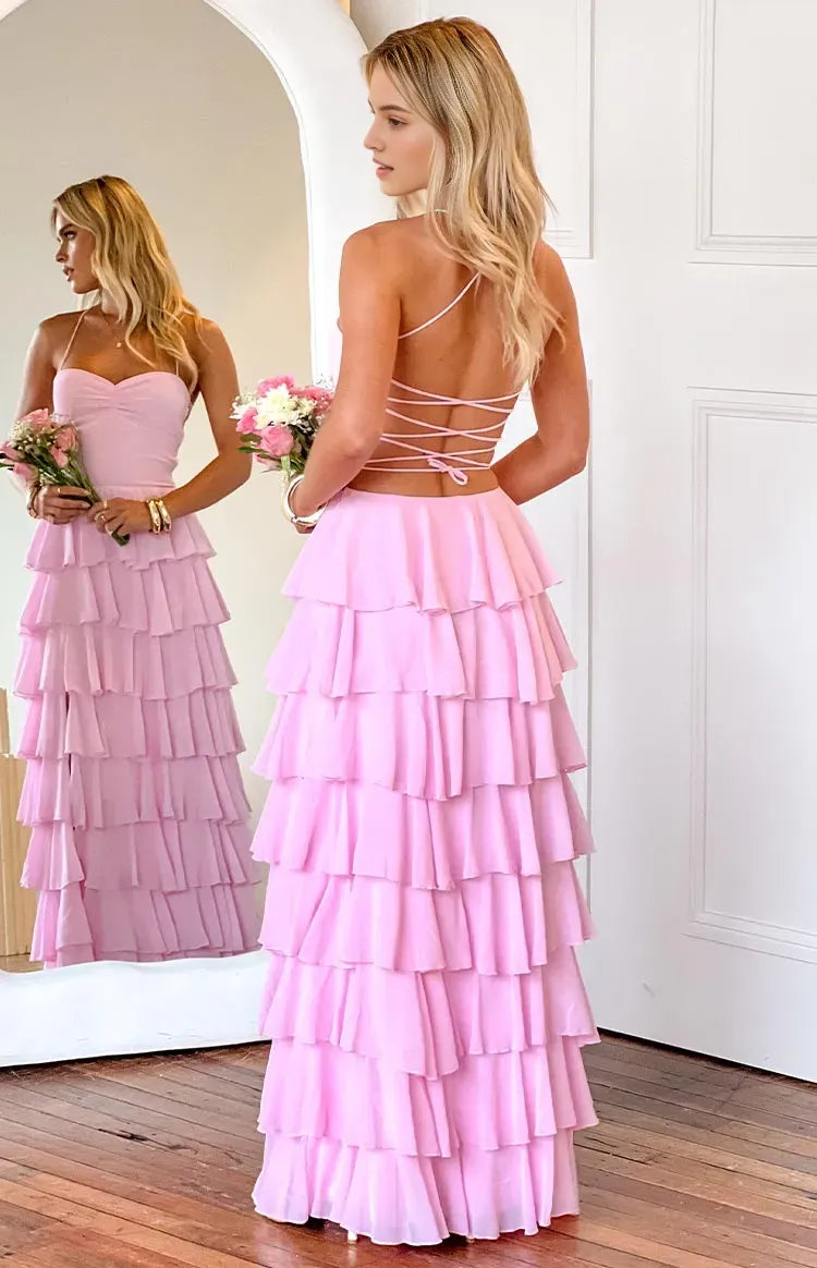 Glamorous Pink Prom Dresses Halter Neck Tiered Ruffles Side Slit Lace Up Back for Memorable Evenings