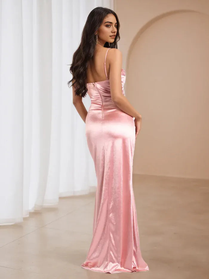 Glamorous Pink Satin Cowl Neck Prom Dress with Side Slit Elegant Spaghetti Strap Evening Gown for Formal Dance Events