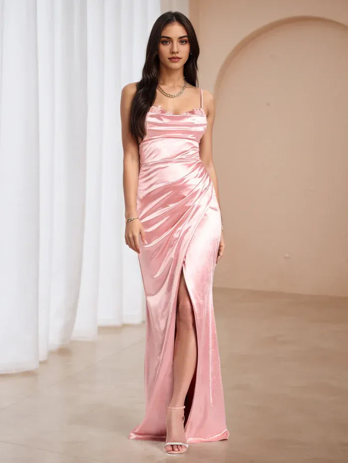 Glamorous Pink Satin Cowl Neck Prom Dress with Side Slit Elegant Spaghetti Strap Evening Gown for Formal Dance Events