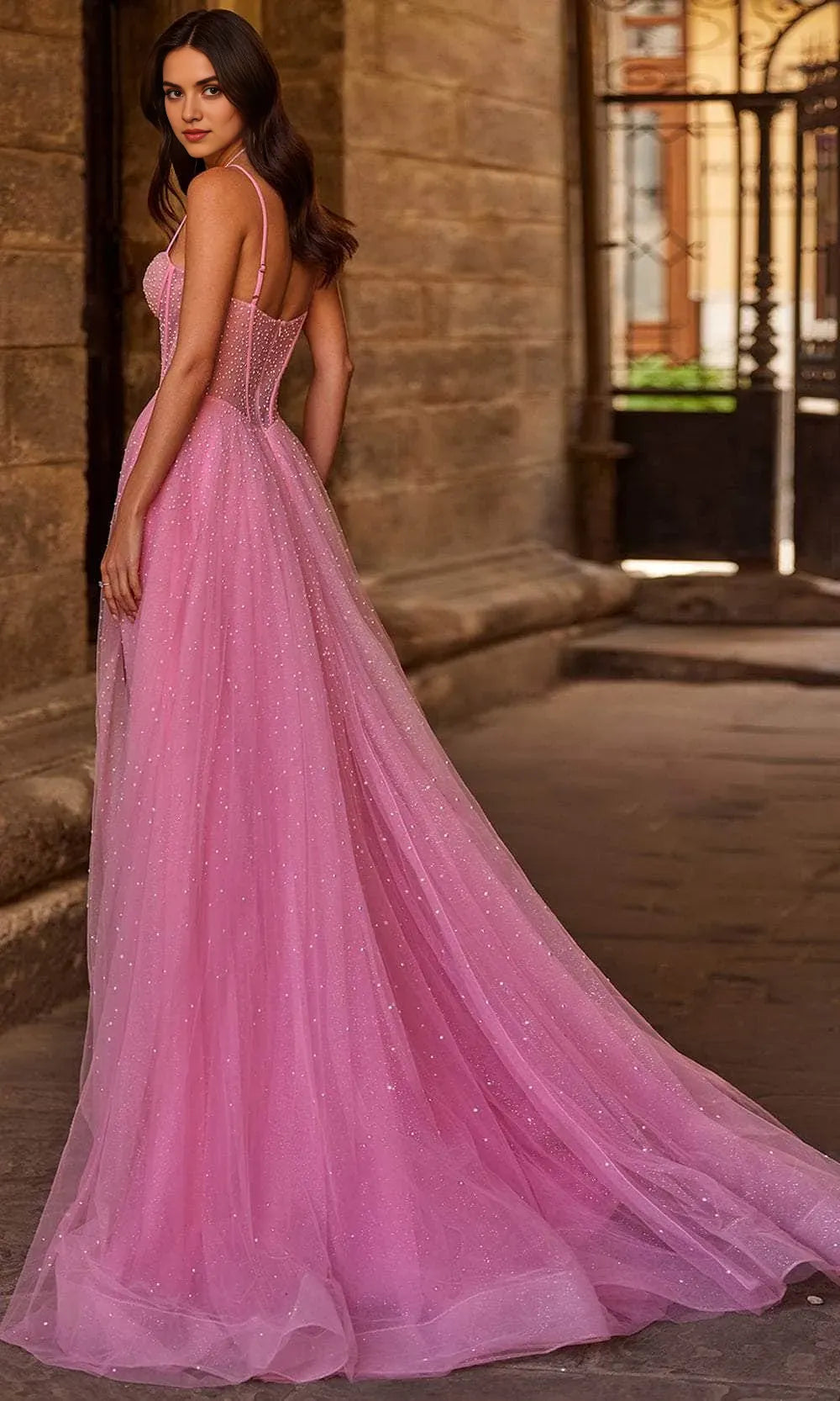 Glamorous Pink Tulle Prom Dress with Spaghetti Straps Sheer Beaded Bodice  High Side Slit - Ideal for Luxury Balls Galas and Evening Soirees in Foreign Trade Markets