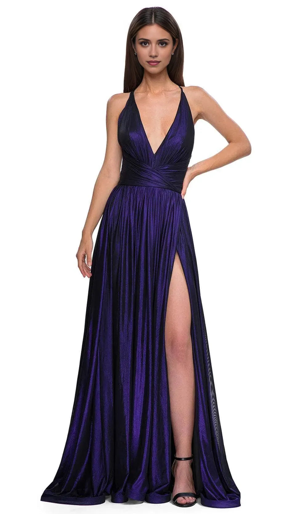 Glamorous Purple Halter Neck Metallic Prom Dress with Deep V Neckline Wrap Around Bodice and High Side Slit for Formal Evening Galas