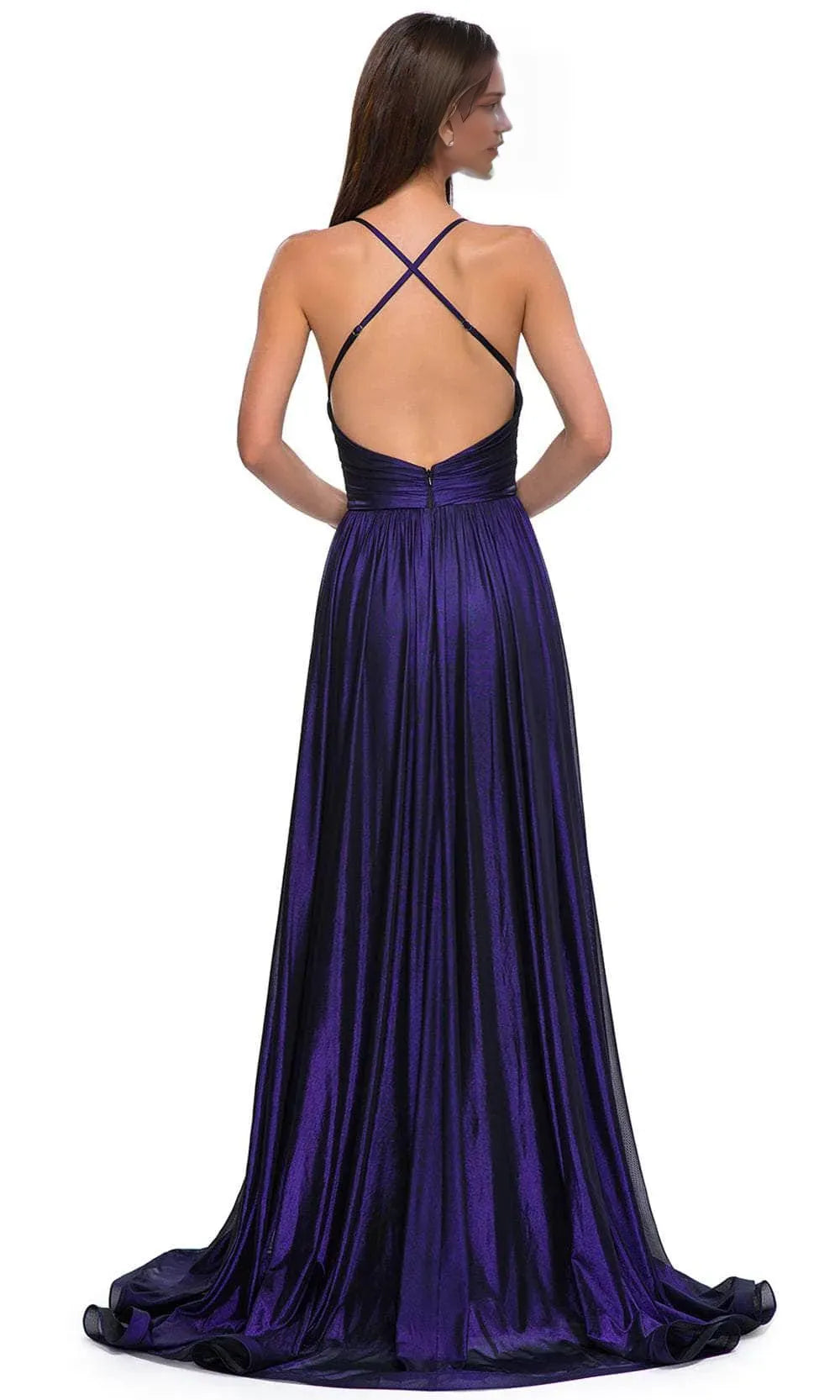 Glamorous Purple Halter Neck Metallic Prom Dress with Deep V Neckline Wrap Around Bodice and High Side Slit for Formal Evening Galas