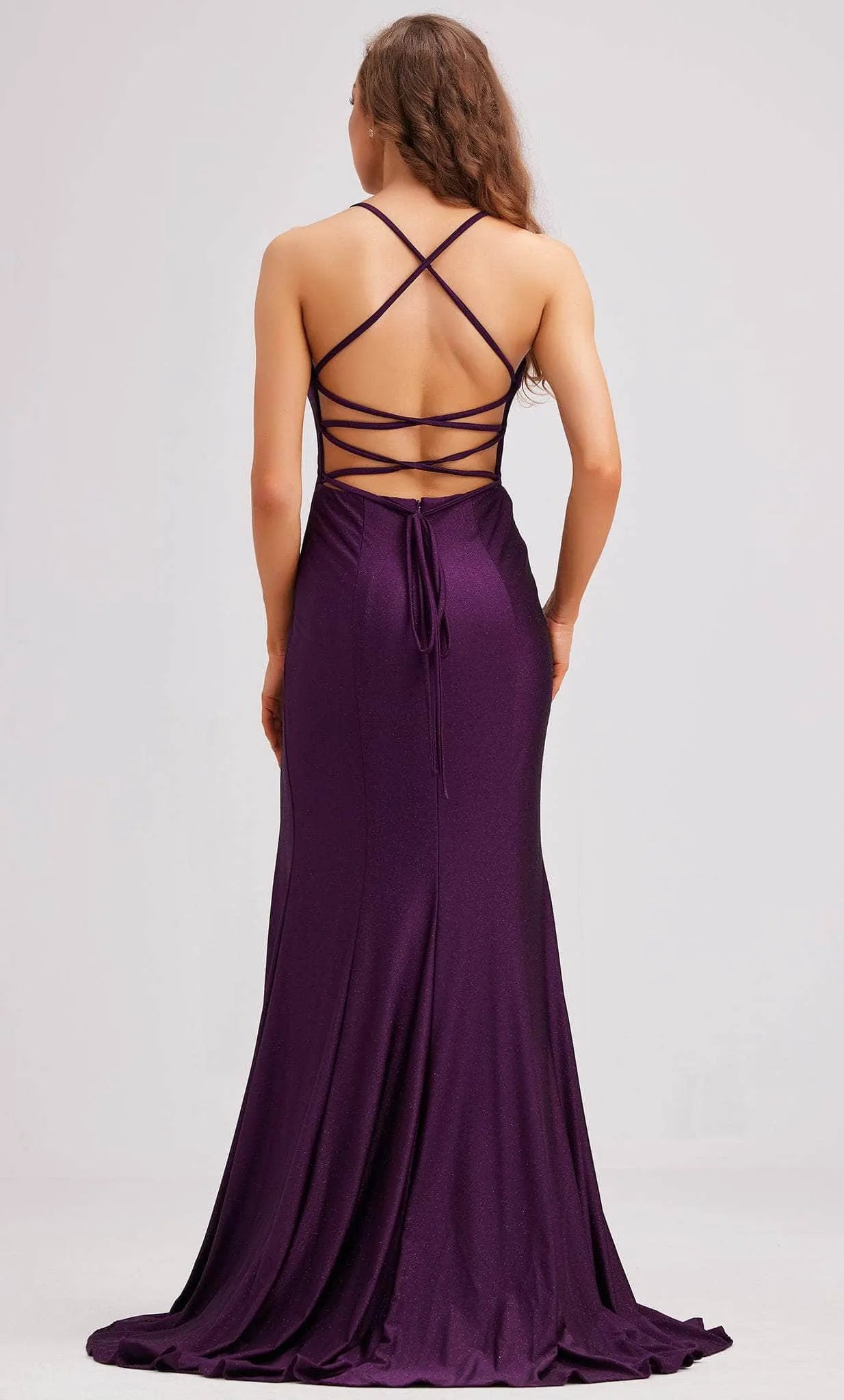 Glamorous Purple Shimmer Knit Evening Dresses with Plunging V Neck Open Back and High Side Slit Perfect for Proms and Formal Galas