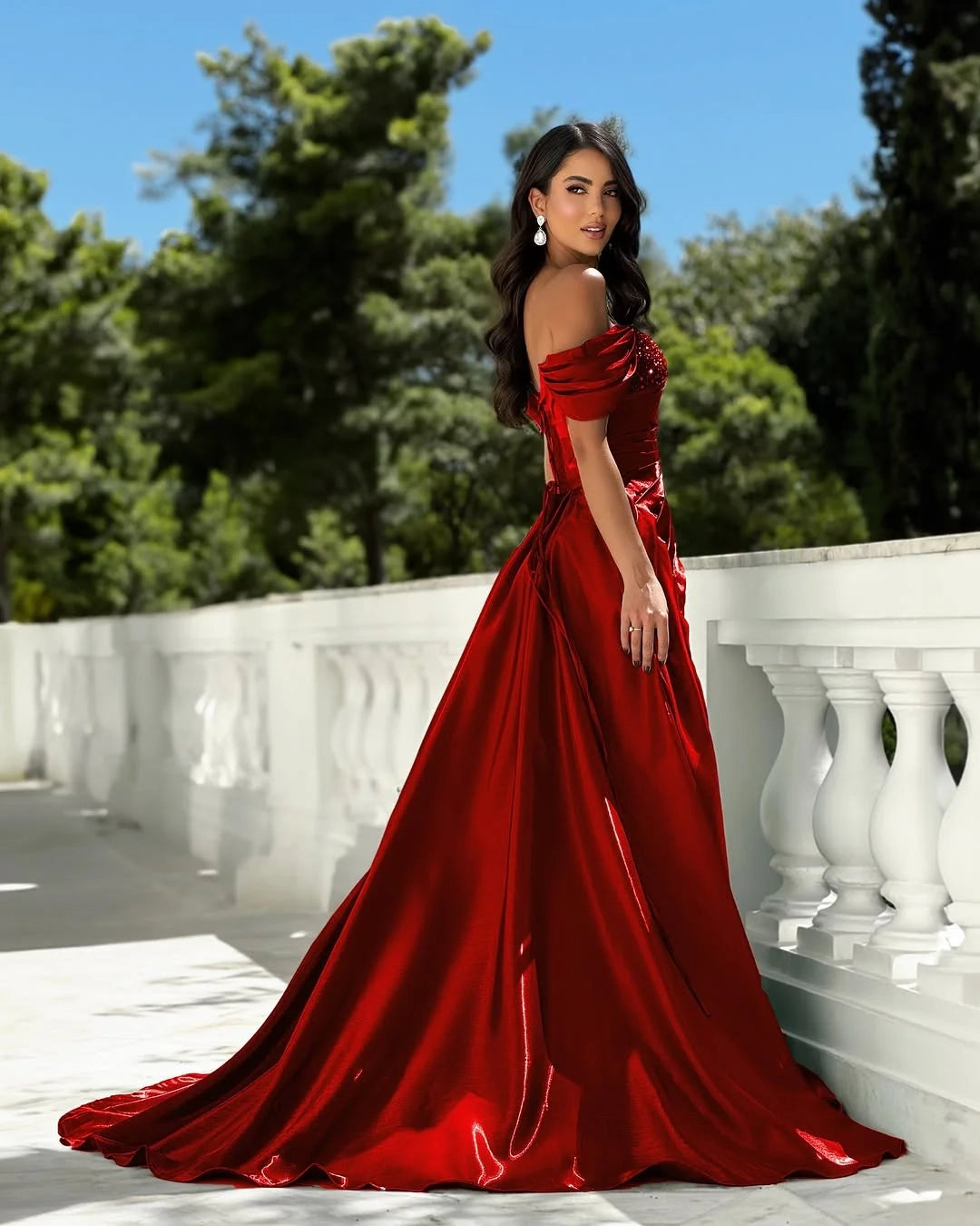 Glamorous Radiant Off-Shoulder Sequin Red Party Dress