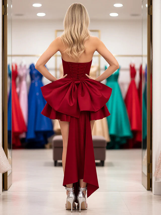 Glamorous Burgundy Ballgown Strapless Sleeveless Lace-Up Back High-Low Homecoming Dresses