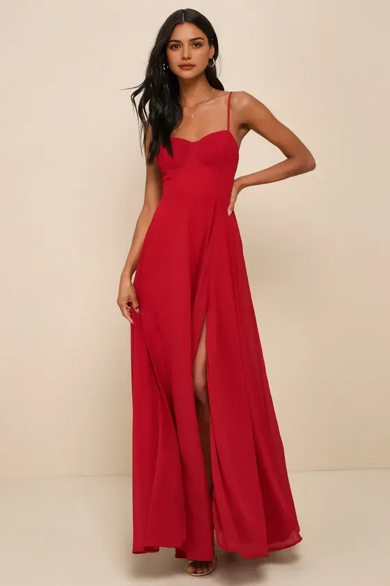 Glamorous Red Chiffon Evening Dresses with Spaghetti Straps Sweetheart Neckline and High Side Slit Perfect for Formal Galas and Romantic Soirées
