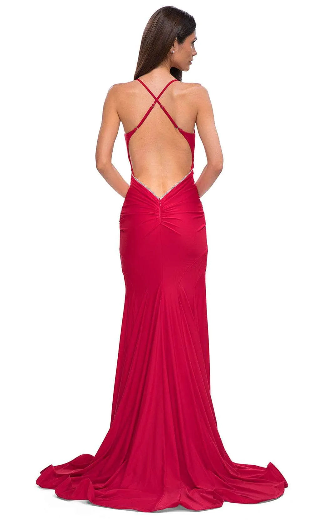 Glamorous Red Jersey Knit Mermaid Prom Gown with Rhinestone Trimmed Neckline and Crisscross Back Straps