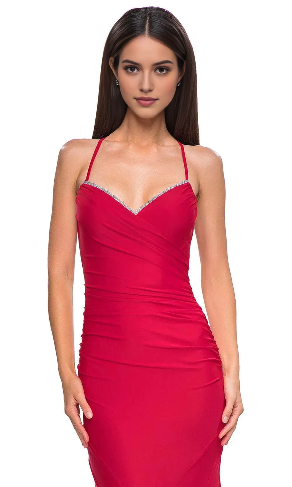 Glamorous Red Jersey Knit Mermaid Prom Gown with Rhinestone Trimmed Neckline and Crisscross Back Straps