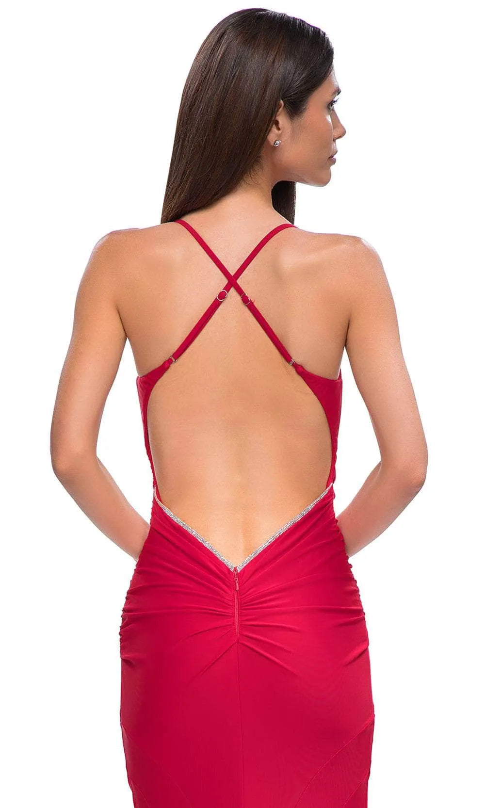 Glamorous Red Jersey Knit Mermaid Prom Gown with Rhinestone Trimmed Neckline and Crisscross Back Straps