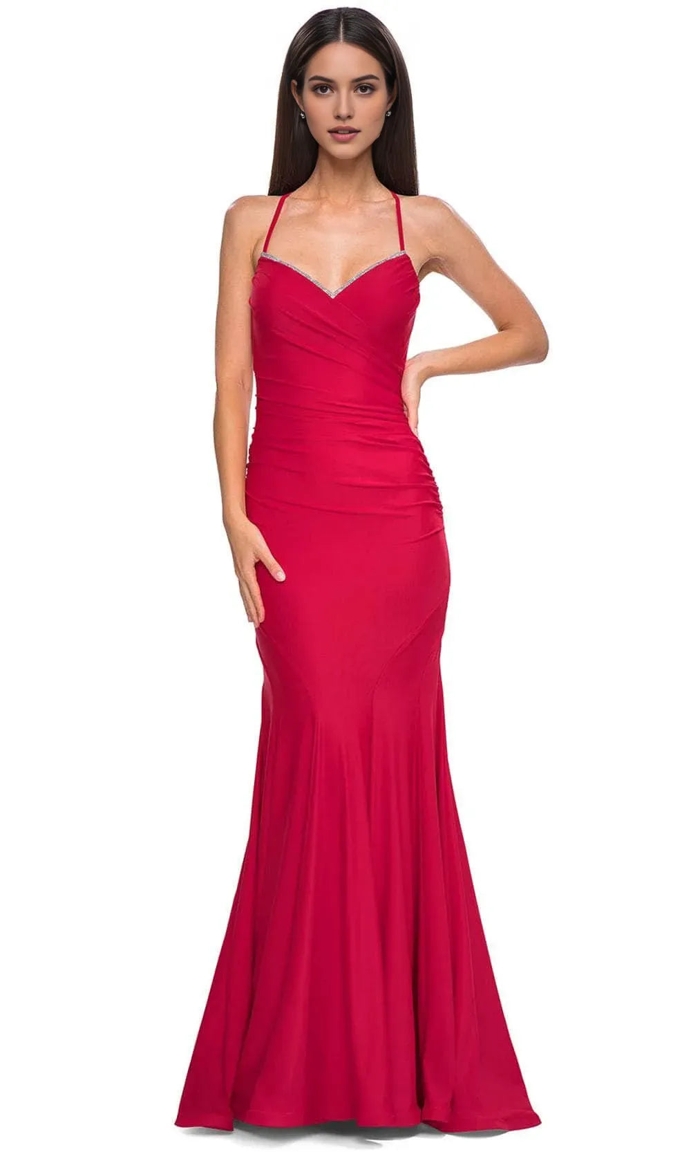Glamorous Red Jersey Knit Mermaid Prom Gown with Rhinestone Trimmed Neckline and Crisscross Back Straps