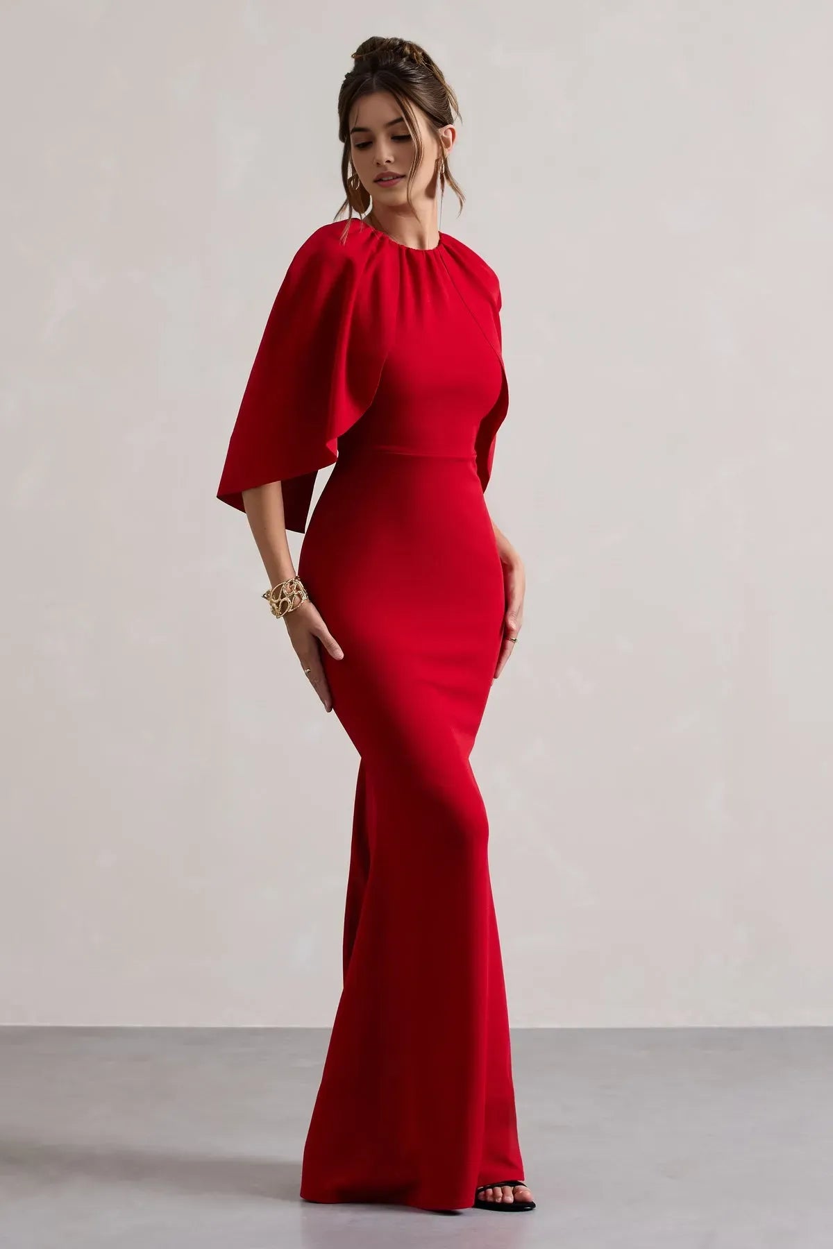 Glamorous Red Mermaid - Style Prom Dress with Cape Like Flutter Sleeves for a Daringly Elegant Look