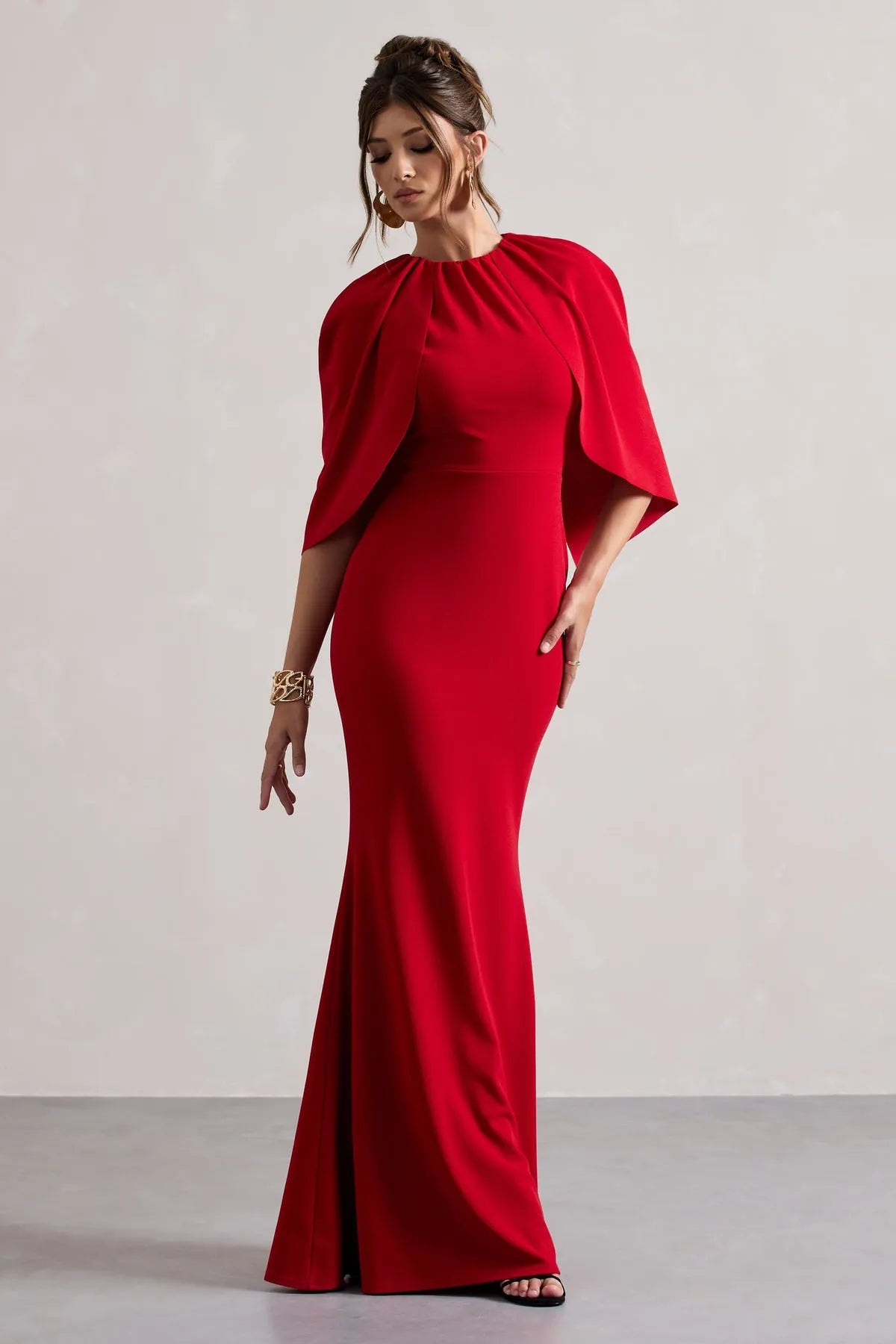 Glamorous Red Mermaid - Style Prom Dress with Cape Like Flutter Sleeves for a Daringly Elegant Look