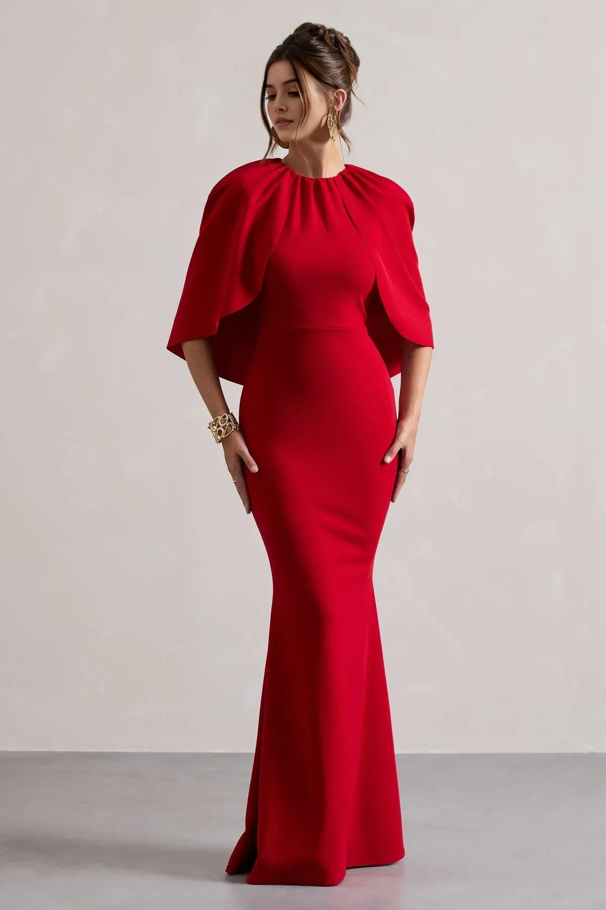 Glamorous Red Mermaid - Style Prom Dress with Cape Like Flutter Sleeves for a Daringly Elegant Look