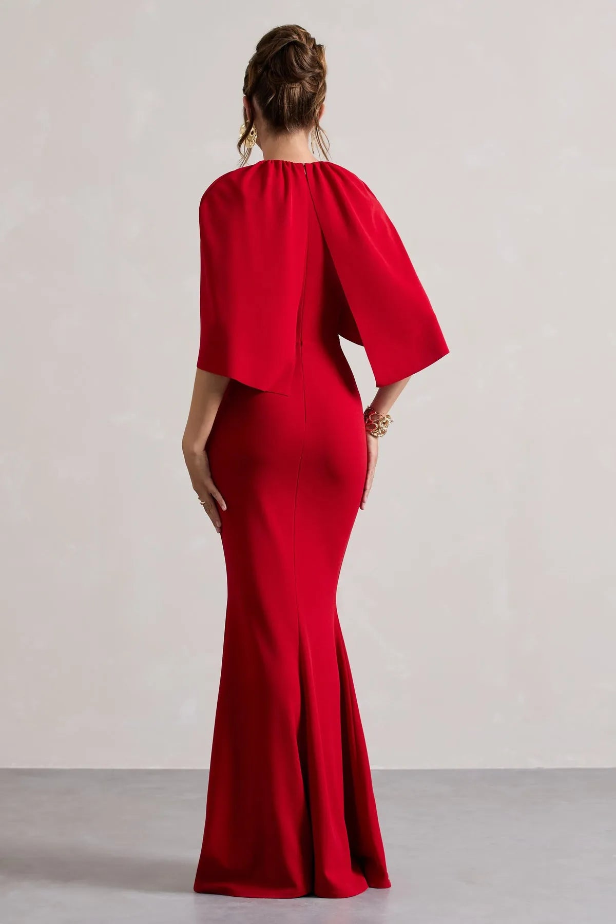 Glamorous Red Mermaid - Style Prom Dress with Cape Like Flutter Sleeves for a Daringly Elegant Look
