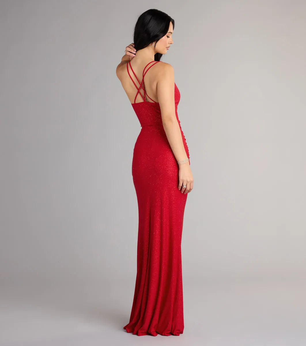 Glamorous Red Mermaid Cowl Neckline Spaghetti Straps Crisscross-Strap Floor-Length Glitter Ruffle Slit Prom Dress