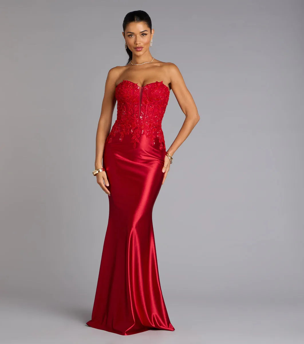 Glamorous Red Mermaid Strapless Neck Sleeveless Lace Appliques Back Zip Floor-Length Satin Prom Dresses