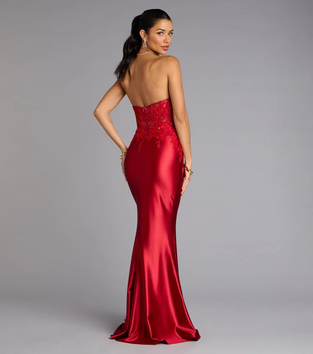 Glamorous Red Mermaid Strapless Neck Sleeveless Lace Appliques Back Zip Floor-Length Satin Prom Dresses