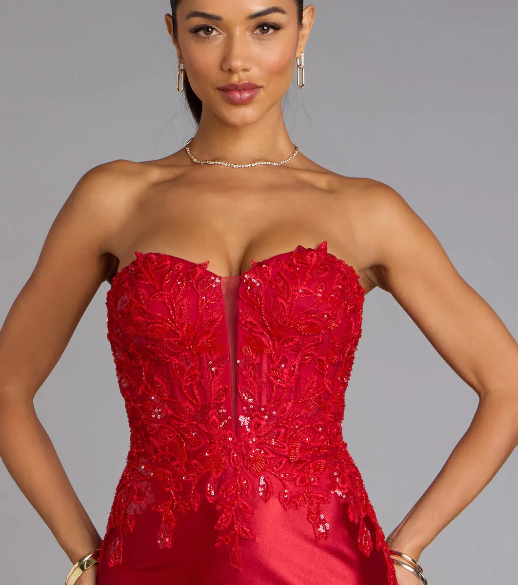 Glamorous Red Mermaid Strapless Neck Sleeveless Lace Appliques Back Zip Floor-Length Satin Prom Dresses