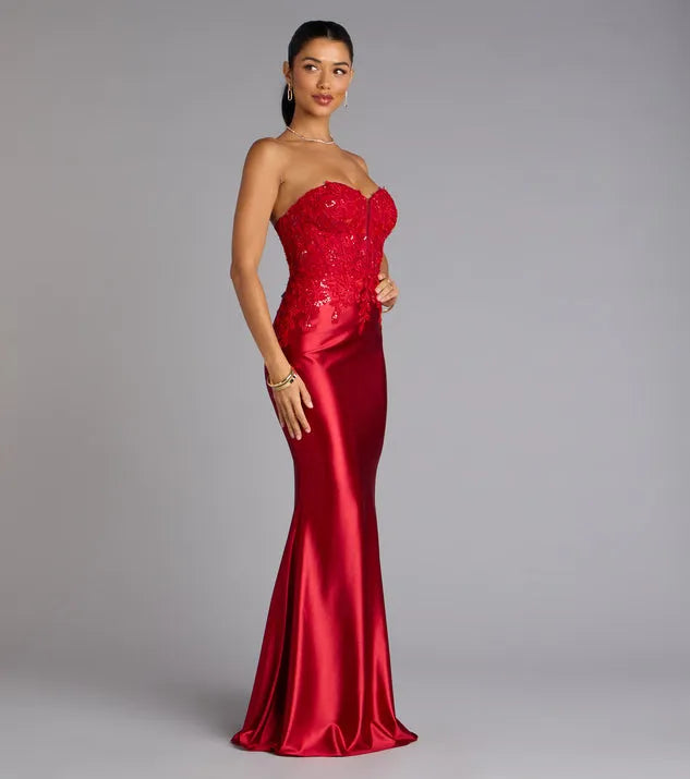 Glamorous Red Mermaid Strapless Neck Sleeveless Lace Appliques Back Zip Floor-Length Satin Prom Dresses