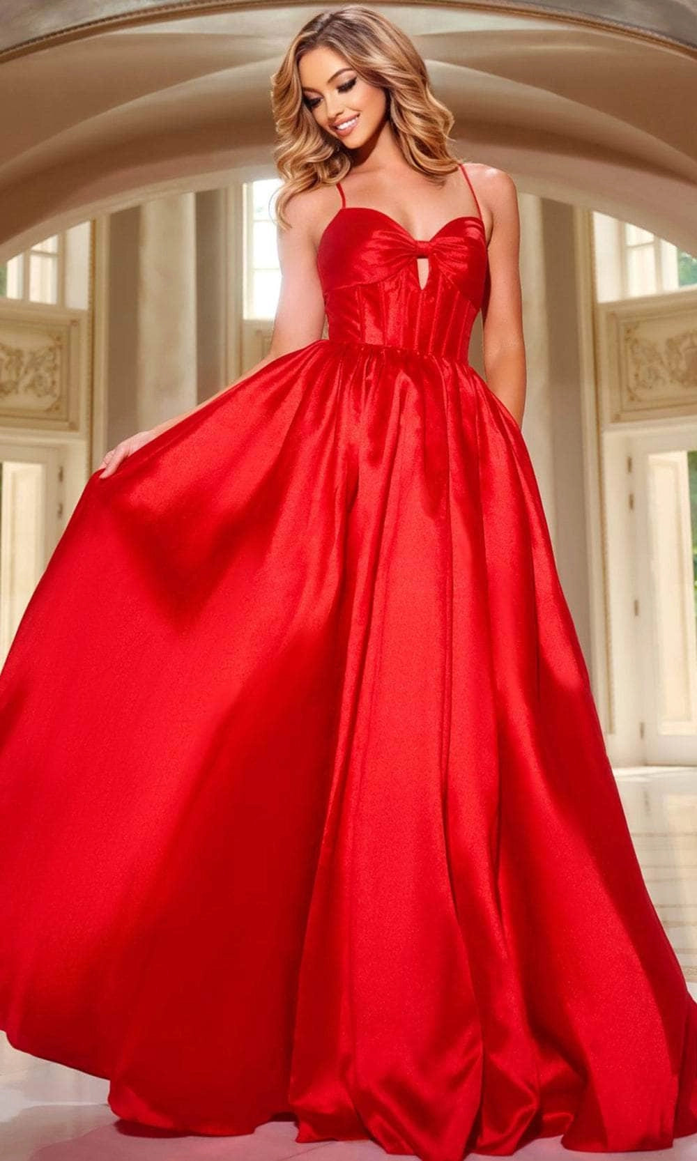 Glamorous Red Satin Ball Gown with Spaghetti Straps Bow - Front Bodice Perfect for Luxury Foreign Trade Balls and Formal Galas