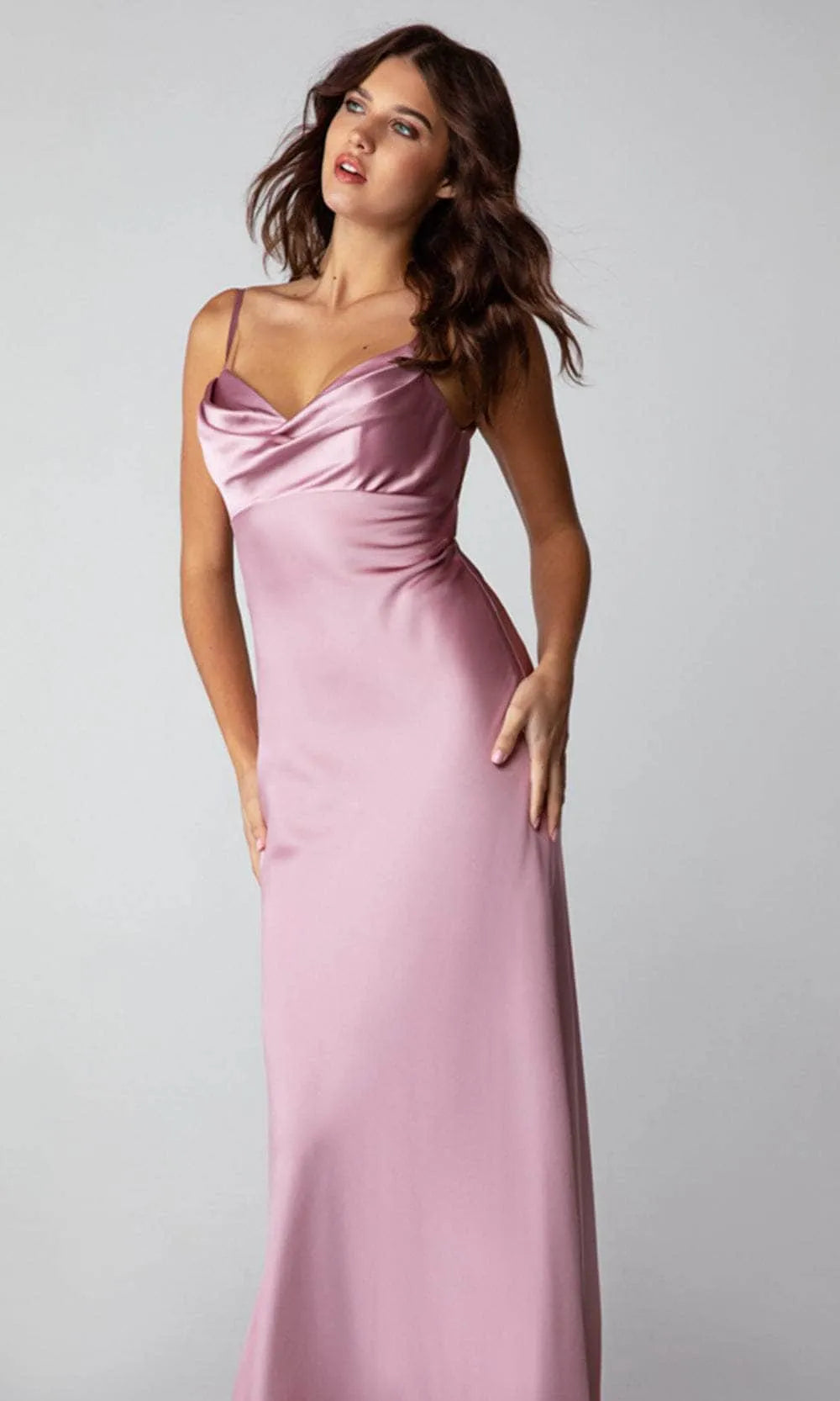 Glamorous Red Satin Evening Dress with Cowl Neckline Spaghetti Straps and Flowing Maxi Skirt