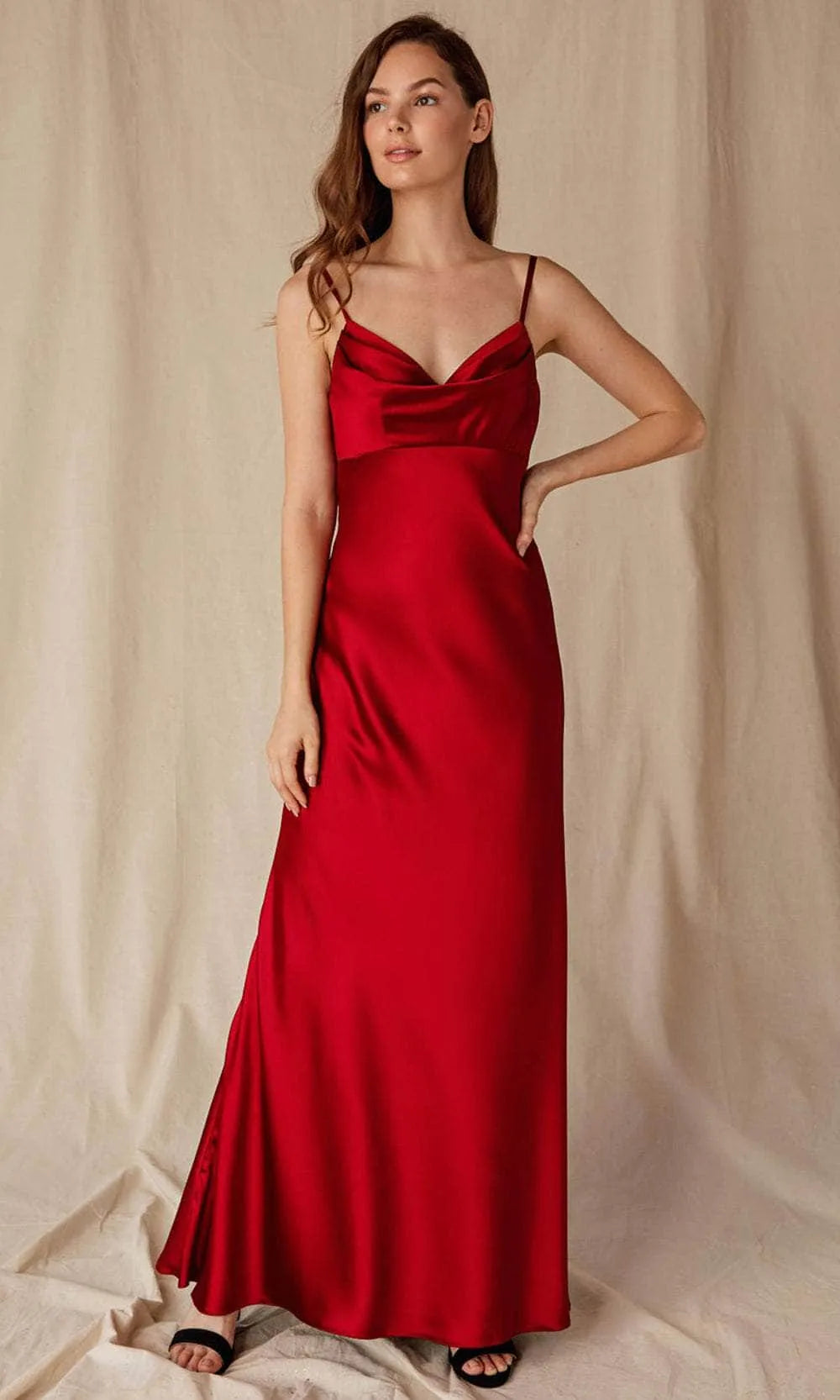 Glamorous Red Satin Evening Dress with Cowl Neckline Spaghetti Straps and Flowing Maxi Skirt