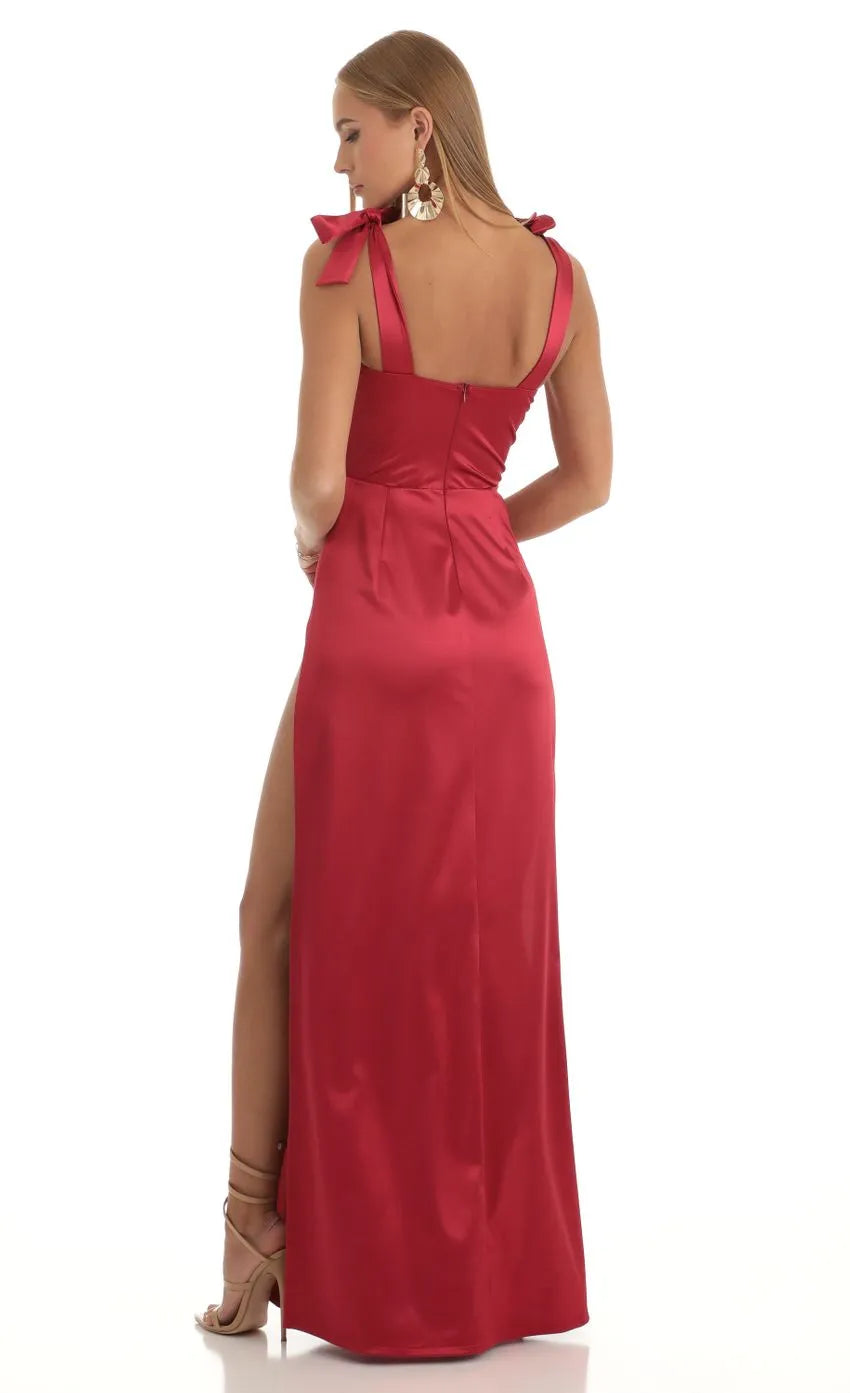 Glamorous Red Satin Prom Dress Bow Detailed Straps Sweetheart Neckline  High Slit Enchant Prom Night