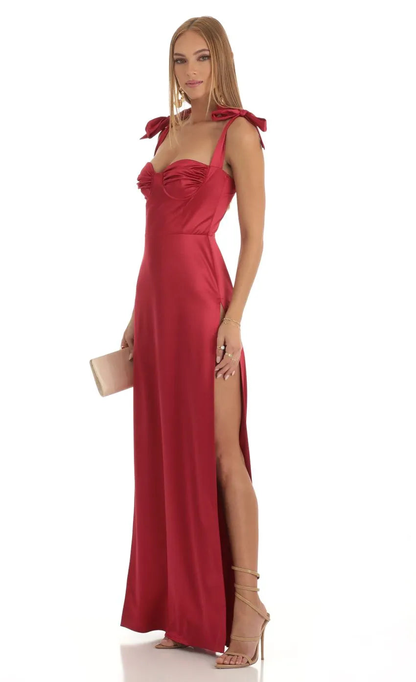 Glamorous Red Satin Prom Dress Bow Detailed Straps Sweetheart Neckline  High Slit Enchant Prom Night