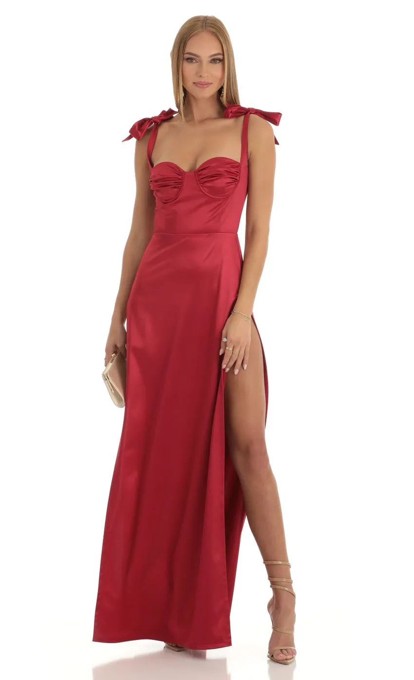 Glamorous Red Satin Prom Dress Bow Detailed Straps Sweetheart Neckline  High Slit Enchant Prom Night