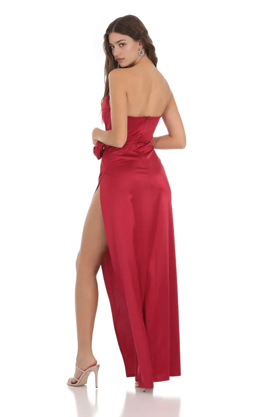 Glamorous Red Satin Prom Dress Strapless Cowl Neck Rose Accent High Slit  Shine at Prom Night