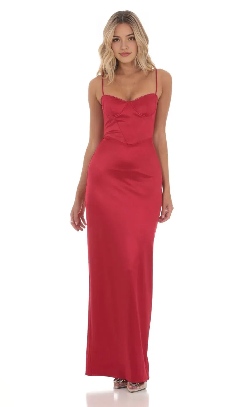 Glamorous Red Satin Prom Dress with Corset Inspired Bustier Spaghetti Straps