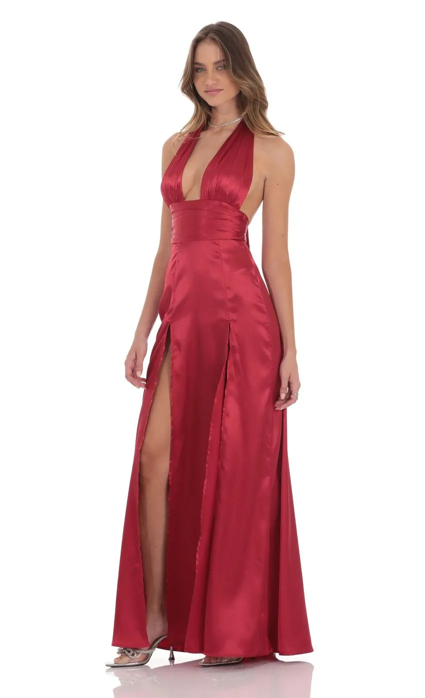 Glamorous Sheath Halter Neck Sleeveless Tie-Back Floor-Length Prom Dress Side Leg Slit