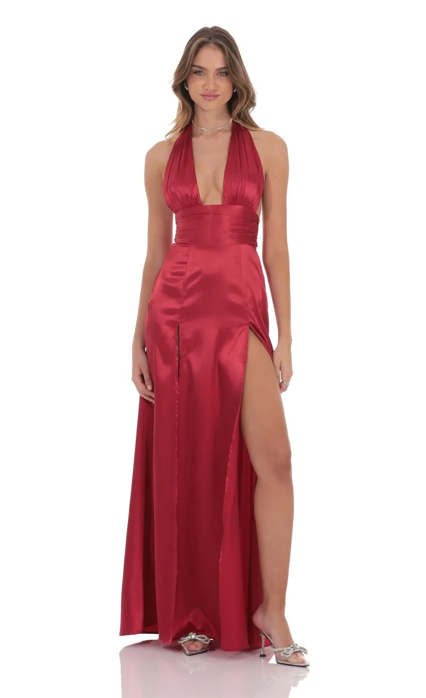 Glamorous Sheath Halter Neck Sleeveless Tie-Back Floor-Length Prom Dress Side Leg Slit