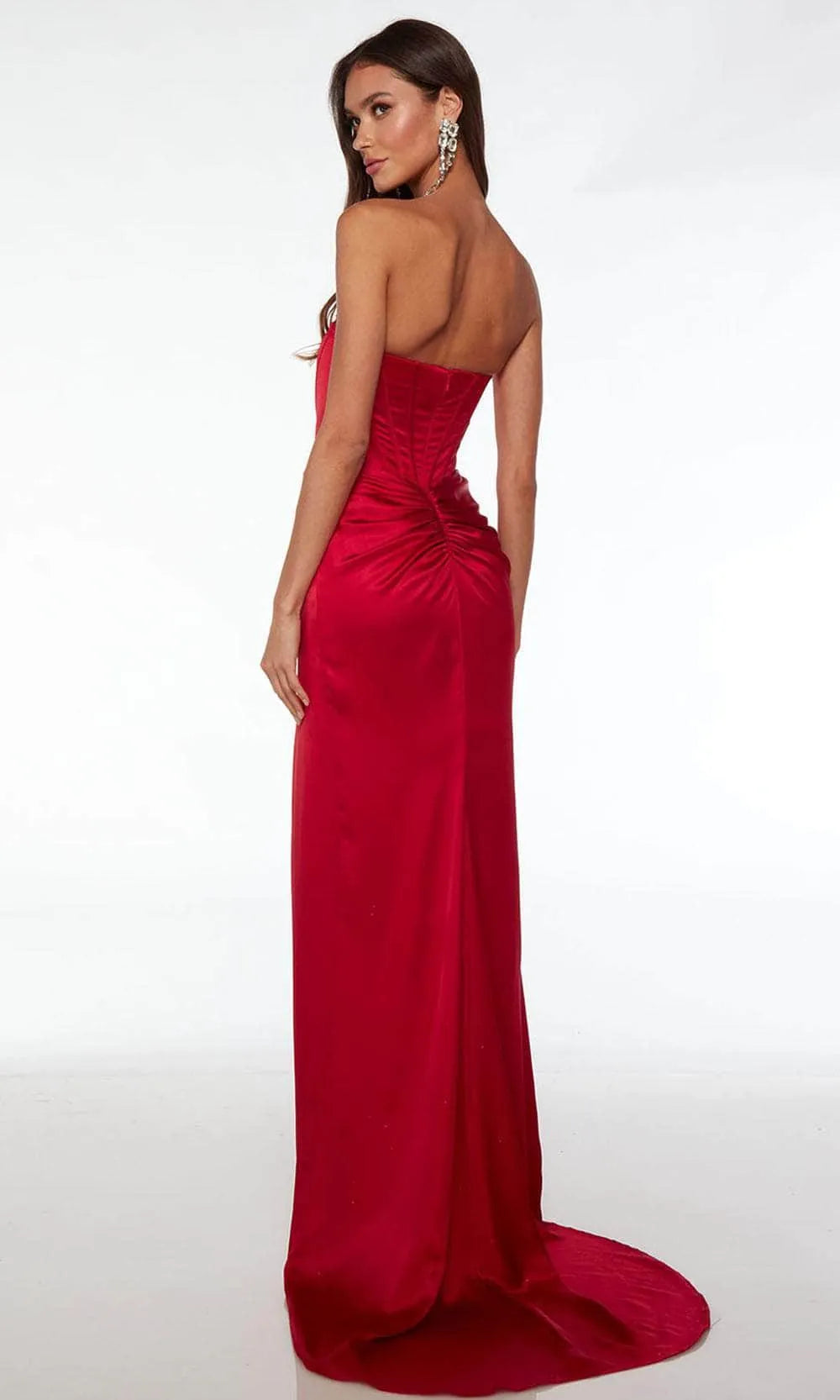 Glamorous Red Satin Strapless Evening Dress with Corset  Style Bodice Draped Detail and High Side Slit