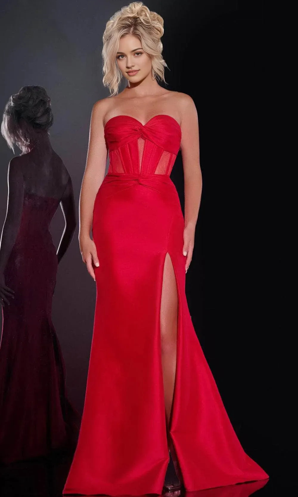 Glamorous Red Satin Strapless Prom Dress with Sheer Corset Detailing and High Slit